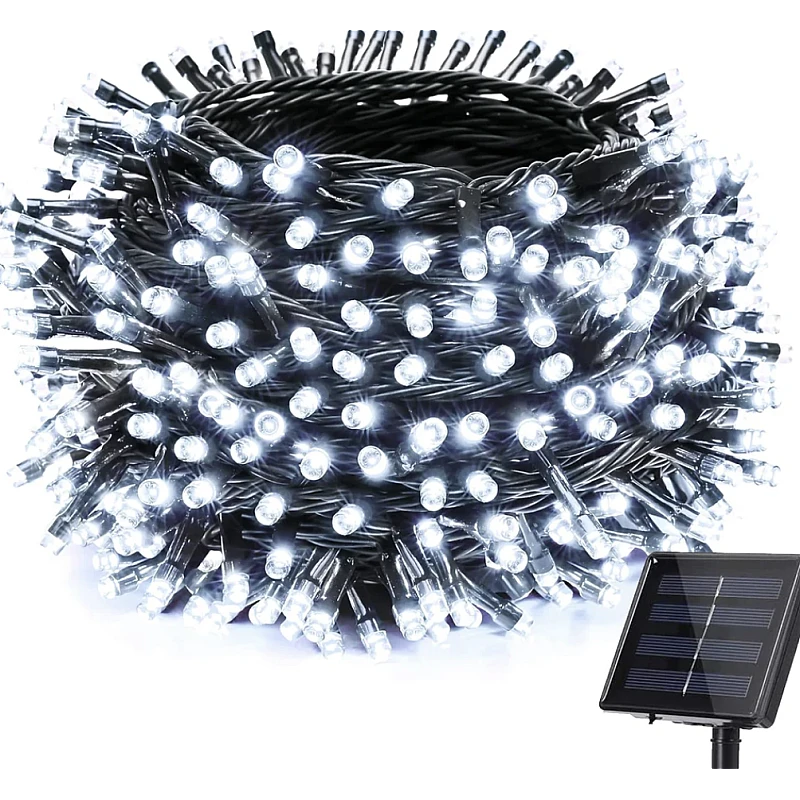 Instalație LED Crăciun 35M cu Panou Solar Lumina Alb-Rece, 300 LED Rezistentă la Apă pentru Exterior și Interior