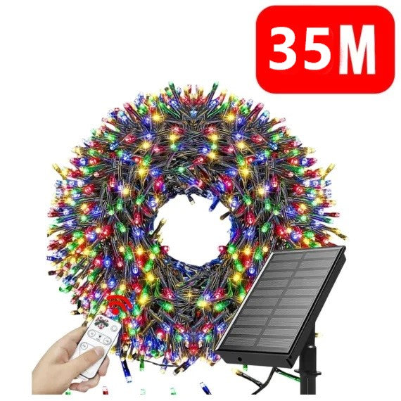 Instalație LED Crăciun 35M cu Panou Solar Lumini Multicolore RGB, 300 LED pentru Exterior și Interior, Rezistentă la Apă