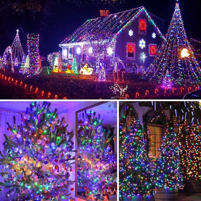 Instalație LED Crăciun 35M cu Panou Solar Lumini Multicolore RGB, 300 LED pentru Exterior și Interior, Rezistentă la Apă