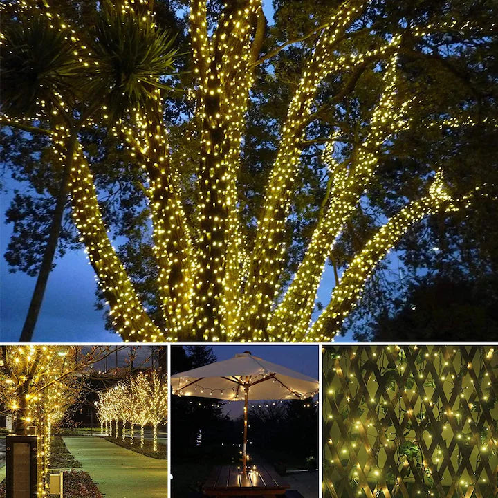 Instalație LED Crăciun 50M cu Panou Solar Lumina Alb-Cald, 600 LED Rezistentă la Apă pentru Exterior și Interior