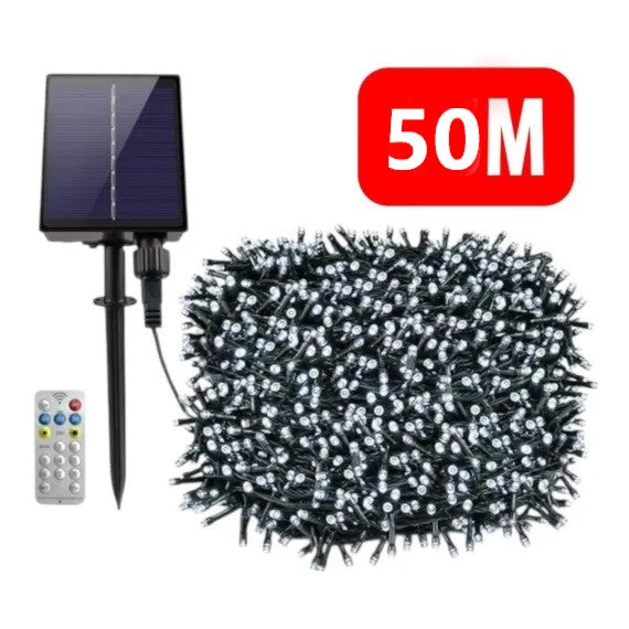 Instalație LED Crăciun 50m cu Panou Solar Lumina Alb-Rece, 550 LED Rezistentă la Apă pentru Exterior și Interior