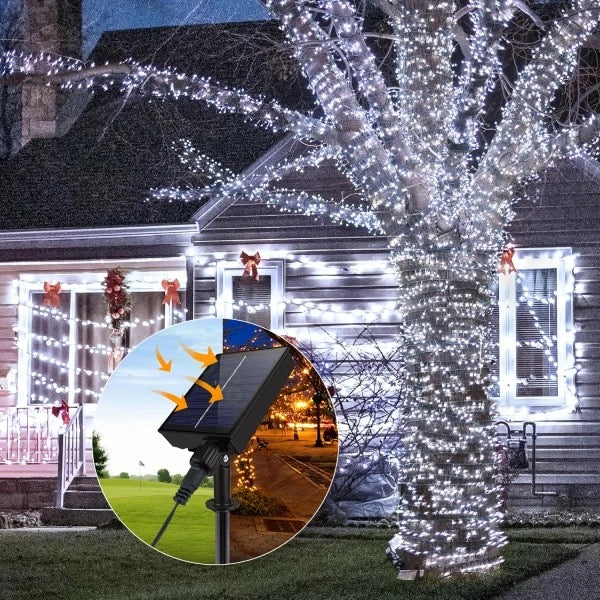 Instalație LED Crăciun 50M cu Panou Solar Lumini Multicolore RGB, 550 LED pentru Exterior și Interior, Rezistentă la Apă