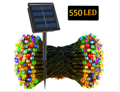 Instalație LED Crăciun 50M cu Panou Solar Lumini Multicolore RGB, 550 LED pentru Exterior și Interior, Rezistentă la Apă