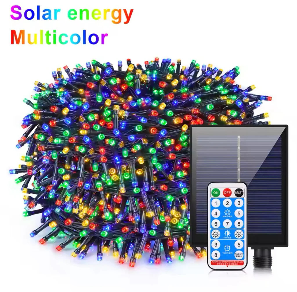 Instalație LED Crăciun 50M cu Panou Solar Lumini Multicolore RGB, 550 LED pentru Exterior și Interior, Rezistentă la Apă