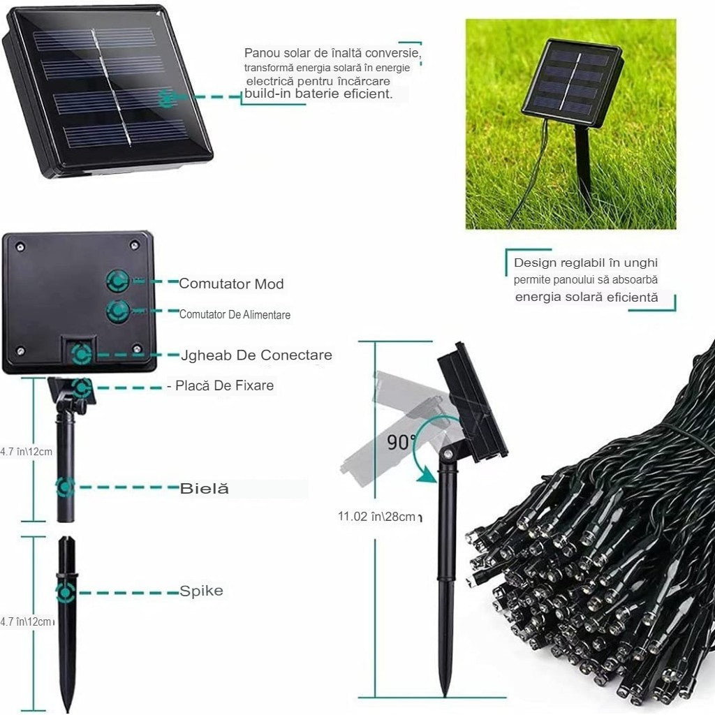Instalație LED Crăciun 50M cu Panou Solar Lumini Multicolore RGB, 550 LED pentru Exterior și Interior, Rezistentă la Apă