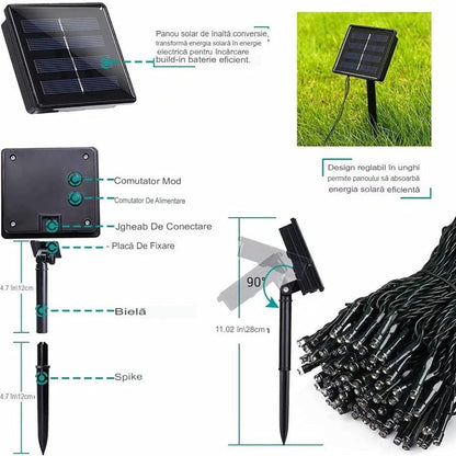 Instalație LED Crăciun 50M cu Panou Solar Lumini Multicolore RGB, 550 LED pentru Exterior și Interior, Rezistentă la Apă