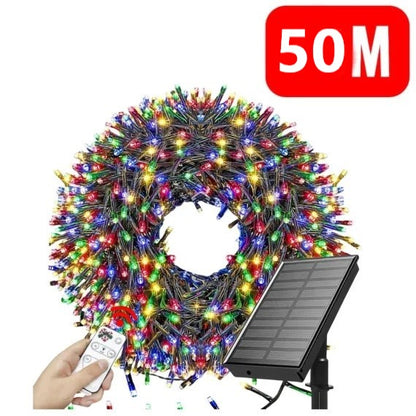 Instalație LED Crăciun 50M cu Panou Solar Lumini Multicolore RGB, 550 LED pentru Exterior și Interior, Rezistentă la Apă
