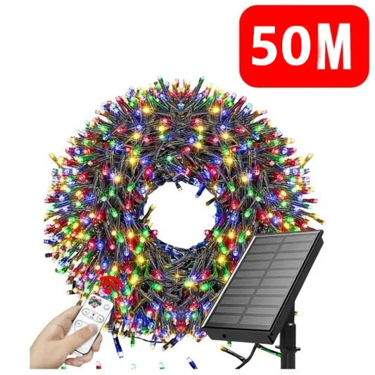 Instalație LED Crăciun 50M cu Panou Solar Lumini Multicolore RGB, 550 LED pentru Exterior și Interior, Rezistentă la Apă