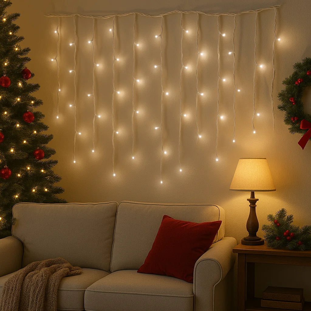 Instalație LED Franjuri inegale 12×0.7m Fir gros, Lumina Alb-Rece, Interconectabila, pentru Exterior și Interior, Decor Crăciun