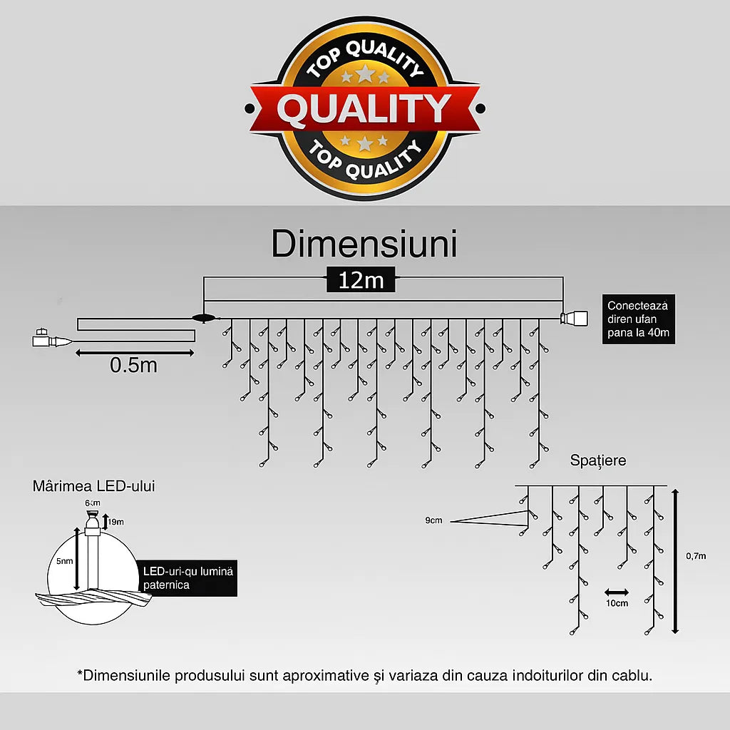 Instalație LED Franjuri inegale 12×0.7m Fir gros, Lumina Alb-Rece, Interconectabila, pentru Exterior și Interior, Decor Crăciun