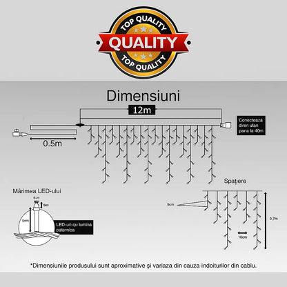 Instalație LED Franjuri inegale 12×0.7m Fir gros, Lumina Alb-Rece, Interconectabila, pentru Exterior și Interior, Decor Crăciun