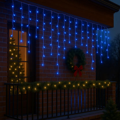 Instalație LED Franjuri inegale 12×0.7m Fir gros, Lumina Albastra, Interconectabila, pentru Exterior și Interior, Decor Crăciun
