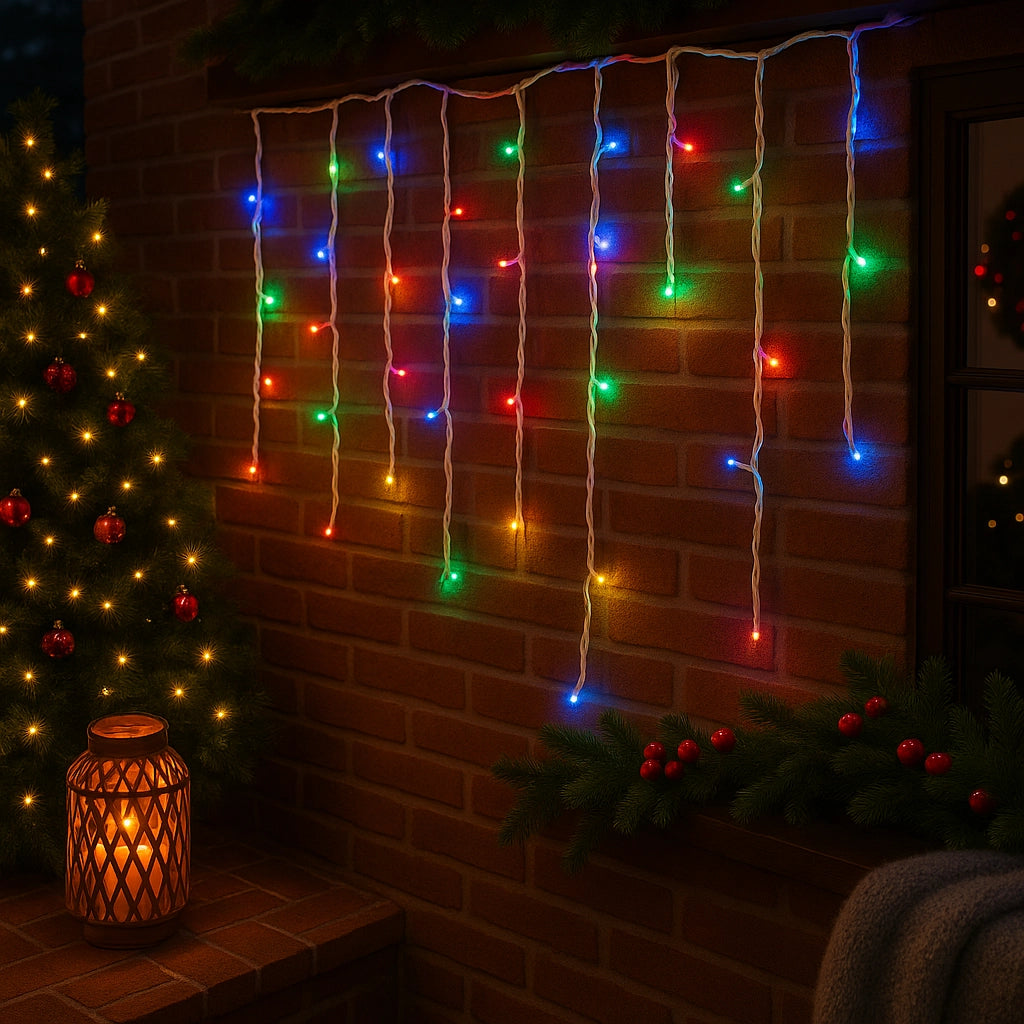 Instalație LED Franjuri inegale 12×0.7m Fir gros, Multicolor Interconectabila, pentru Exterior și Interior, Decor Crăciun Elegant