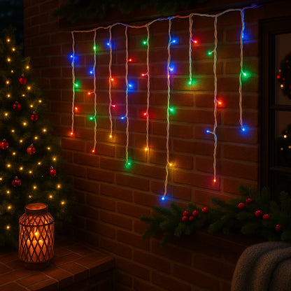 Instalație LED Franjuri inegale 12×0.7m Fir gros, Multicolor Interconectabila, pentru Exterior și Interior, Decor Crăciun Elegant