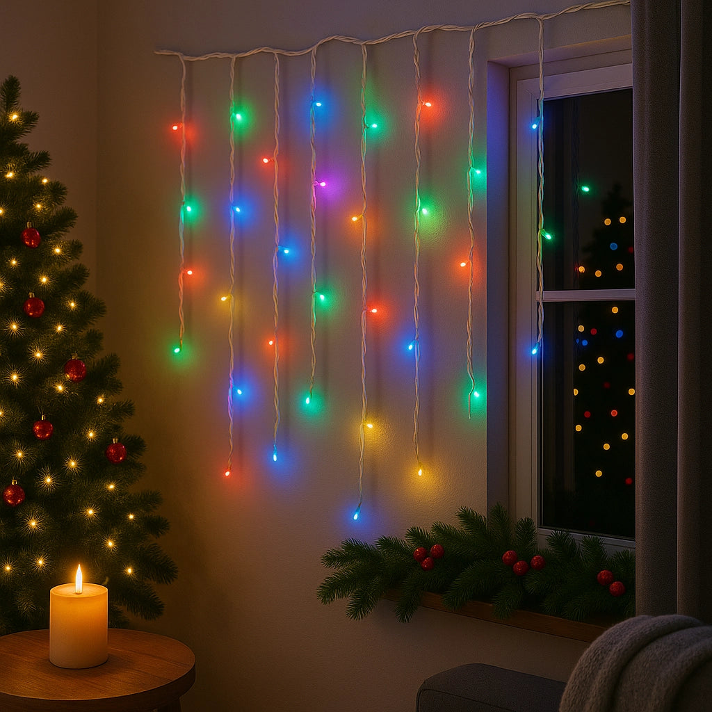 Instalație LED Franjuri inegale 12×0.7m Fir gros, Multicolor Interconectabila, pentru Exterior și Interior, Decor Crăciun Elegant