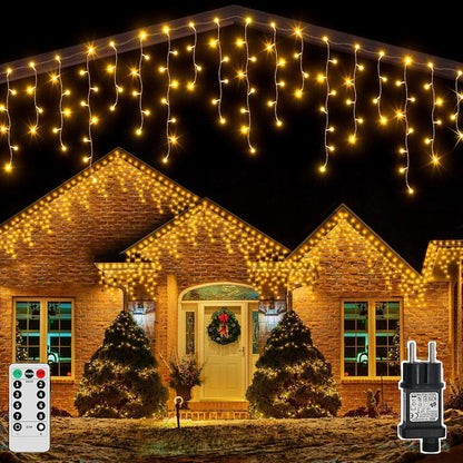 Instalație LED Franjuri 16m Fir gros, Alb cald Interconectabila 310 Led-uri, pentru Exterior și Interior, Decor Crăciun