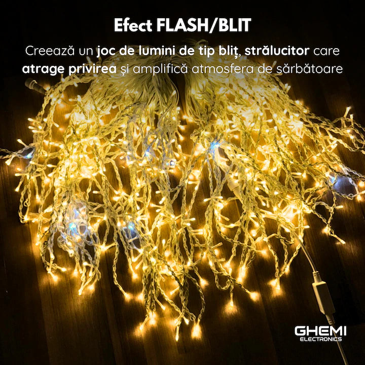 Instalație LED Franjuri 50m Fir gros, Alb cald Interconectabila 1500 Led-uri, pentru Exterior și Interior, Decor Crăciun