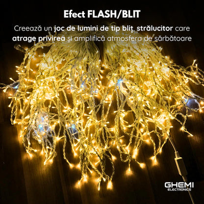 Instalație LED Franjuri 50m Fir gros, Alb cald Interconectabila 1500 Led-uri, pentru Exterior și Interior, Decor Crăciun