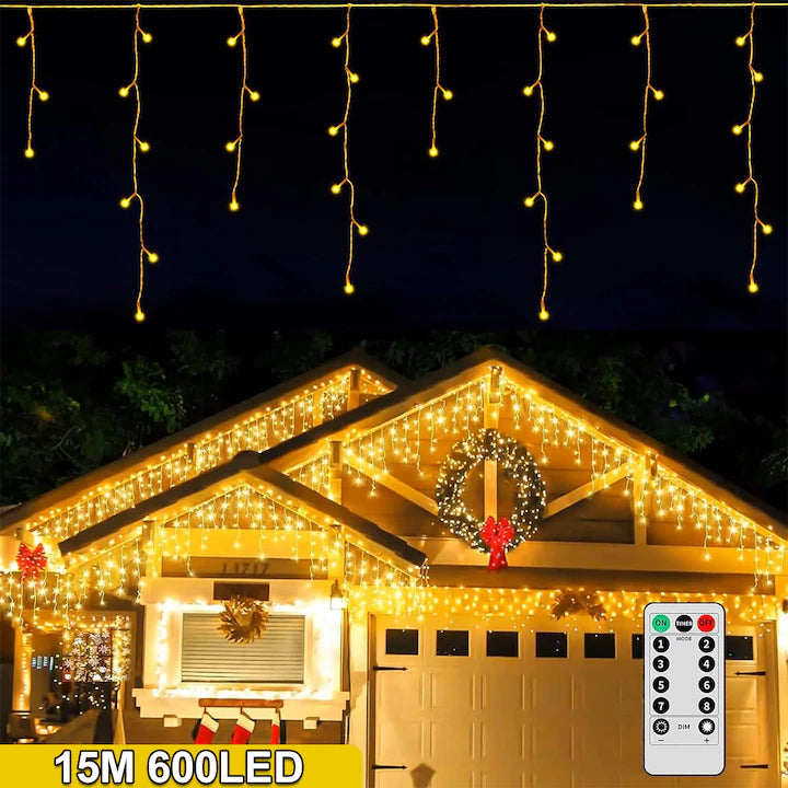 Instalație LED Franjuri 50m Fir gros, Alb cald Interconectabila 1500 Led-uri, pentru Exterior și Interior, Decor Crăciun