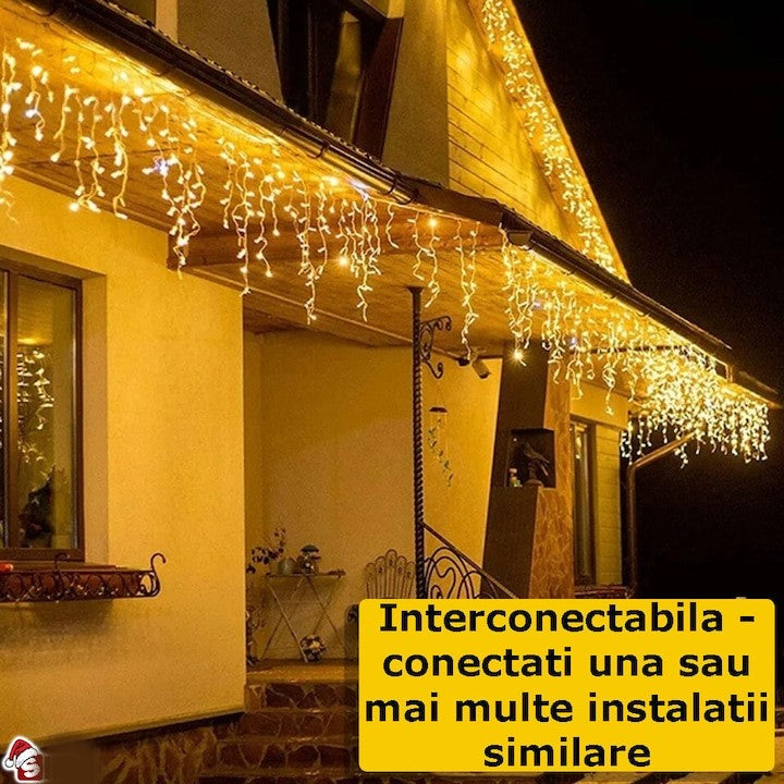 Instalație LED franjuri tip turturi 25m, 750 LED alb cald, lumini de Crăciun pentru exterior și interior, rezistenta la umiditate si inghet