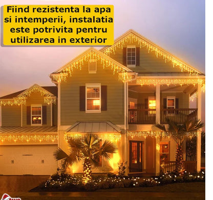 Instalație LED franjuri tip turturi 25m, 750 LED alb cald, lumini de Crăciun pentru exterior și interior, rezistenta la umiditate si inghet
