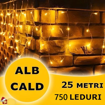 Instalație LED franjuri tip turturi 25m, 750 LED alb cald, lumini de Crăciun pentru exterior și interior, rezistenta la umiditate si inghet