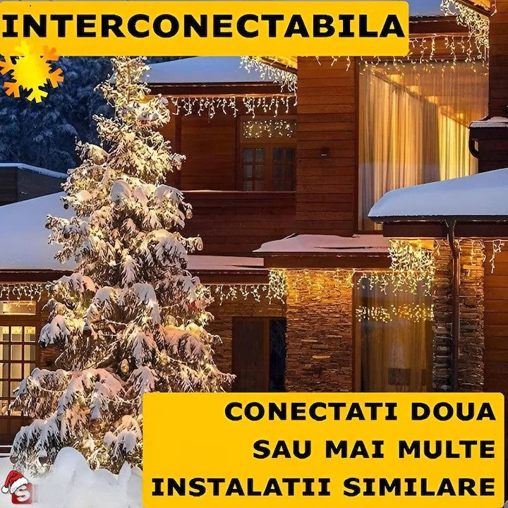 Instalație LED franjuri tip turturi 25m, 750 LED alb cald, lumini de Crăciun pentru exterior și interior, rezistenta la umiditate si inghet