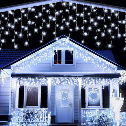 Instalație LED franjuri tip turturi 25m, 750 LED Lumina Alb rece, pentru exterior și interior, rezistenta la umiditate si inghet