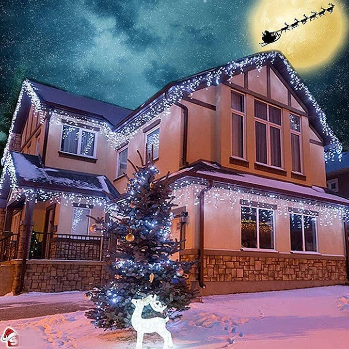 Instalație LED franjuri tip turturi 25m, 750 LED Lumina Alb rece, pentru exterior și interior, rezistenta la umiditate si inghet