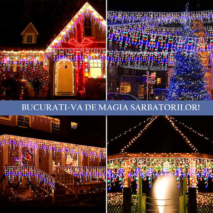 Instalație LED franjuri tip turturi 25m, 750 LED Multicolor, lumini de Crăciun pentru exterior și interior, rezistenta la umiditate si inghet
