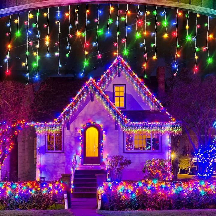 Instalație LED franjuri tip turturi 25m, 750 LED Multicolor, lumini de Crăciun pentru exterior și interior, rezistenta la umiditate si inghet