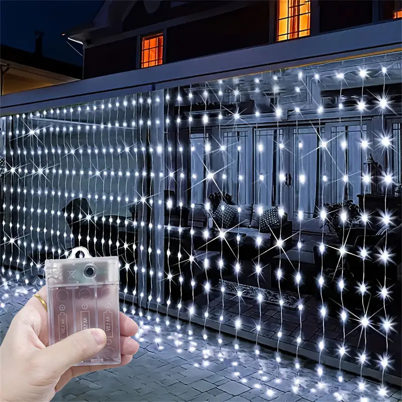Instalatie LED tip perdea 5x2m, 600 Leduri, lumină alb rece, lumini de Crăciun pentru exterior și interior