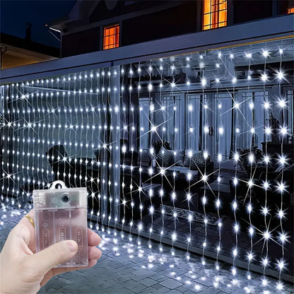 Instalatie LED tip perdea 5x2m, 600 Leduri, lumină alb rece, lumini de Crăciun pentru exterior și interior