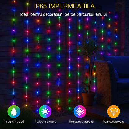 Instalatie LED tip perdea 5x2m, 600 Leduri, Multicolor, lumini de Crăciun pentru exterior și interior