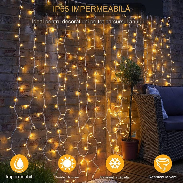 Instalatie LED tip perdea ploaie 5x2m, 600 Leduri, lumină alb cald, lumini de Crăciun pentru exterior și interior, rezistentă la umezeală și frig