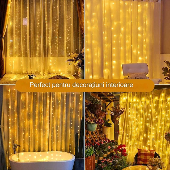 Instalatie LED tip perdea ploaie 5x2m, 600 Leduri, lumină alb cald, lumini de Crăciun pentru exterior și interior, rezistentă la umezeală și frig