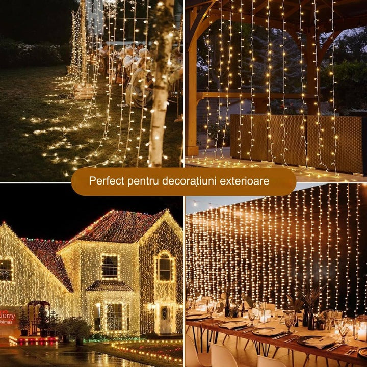 Instalatie LED tip perdea ploaie 5x2m, 600 Leduri, lumină alb cald, lumini de Crăciun pentru exterior și interior, rezistentă la umezeală și frig