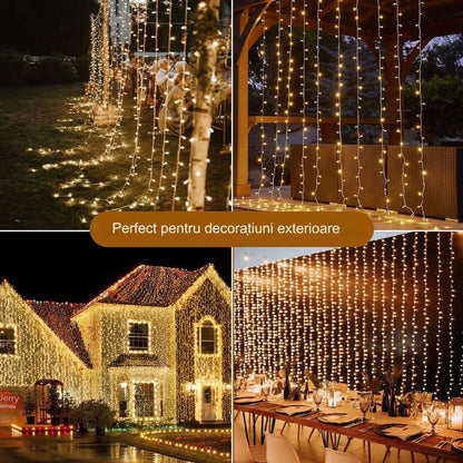 Instalatie LED tip perdea ploaie 5x2m, 600 Leduri, lumină alb cald, lumini de Crăciun pentru exterior și interior, rezistentă la umezeală și frig