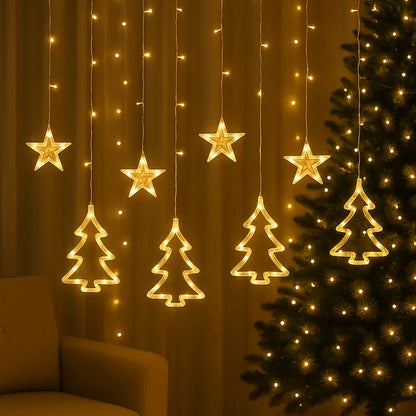 Instalație Luminoasă Crăciun cu 12 Fire, Braduti si Stele LED, Lumină Caldă, Decor Interior pentru Brad sau Fereastră