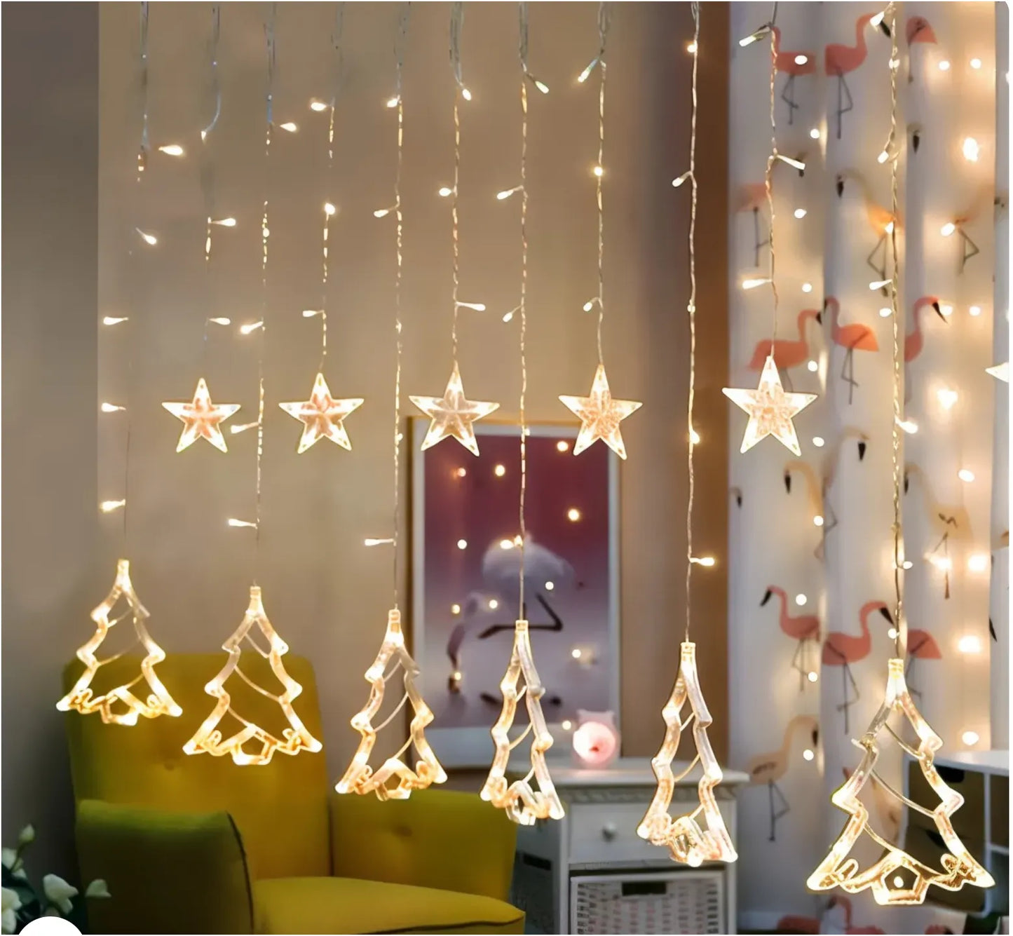 Instalație Luminoasă Crăciun cu 12 Fire, Braduti si Stele LED, Lumină Caldă, Decor Interior pentru Brad sau Fereastră