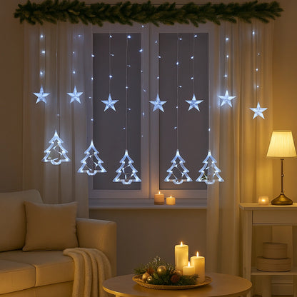 Instalație Luminoasă Crăciun cu 12 Fire, Stele si Braduti LED, Lumină Alb Rece, Decor Interior pentru Brad sau Fereastră