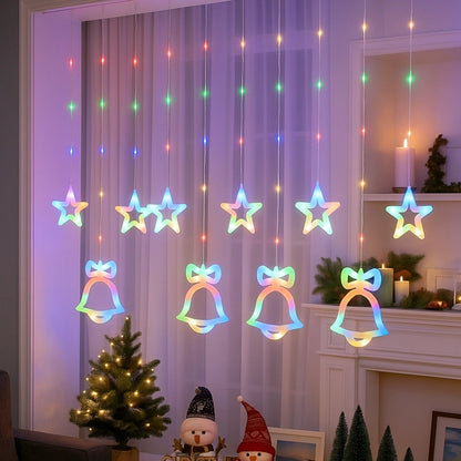 Instalație Luminoasă Crăciun cu 12 Fire, Lumina Multicolor, Clopotei si Stele LED, Decor Interior pentru Fereastră sau Brad