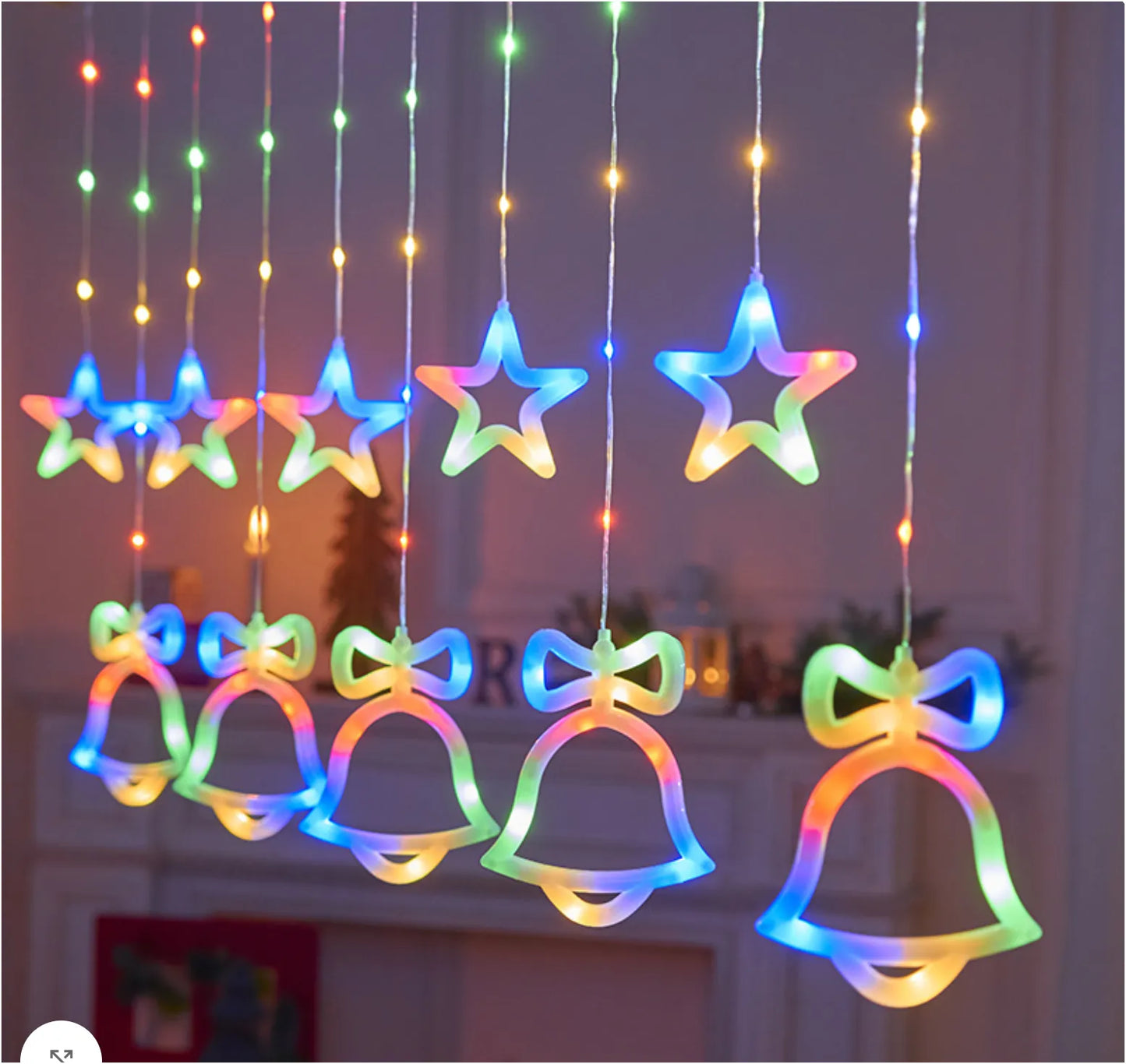 Instalație Luminoasă Crăciun cu 12 Fire, Lumina Multicolor, Clopotei si Stele LED, Decor Interior pentru Fereastră sau Brad