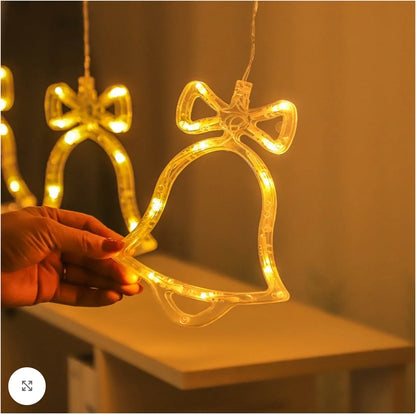 Instalație Luminoasă Crăciun cu 12 Fire, Steluțe și Clopoței LED, Lumină Caldă, Decor Interior pentru Fereastră sau Brad