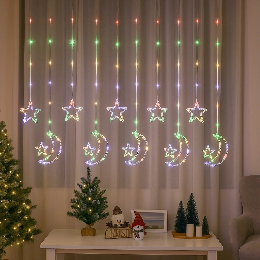 Instalație Luminoasă Crăciun Multicolor cu 12 Fire, Luna si Stele LED, Decor Interior pentru Fereastră sau Brad