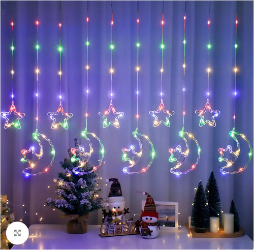 Instalație Luminoasă Crăciun Multicolor cu 12 Fire, Luna si Stele LED, Decor Interior pentru Fereastră sau Brad