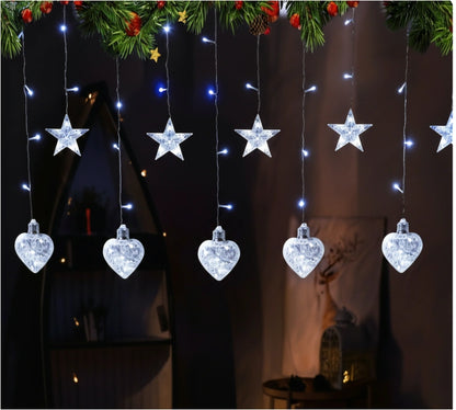 Instalație Luminoasă LED de Crăciun 3×1.5 m, cu Stele și Inimi, Alb-Rece, Decor Elegant pentru Interior și Exterior