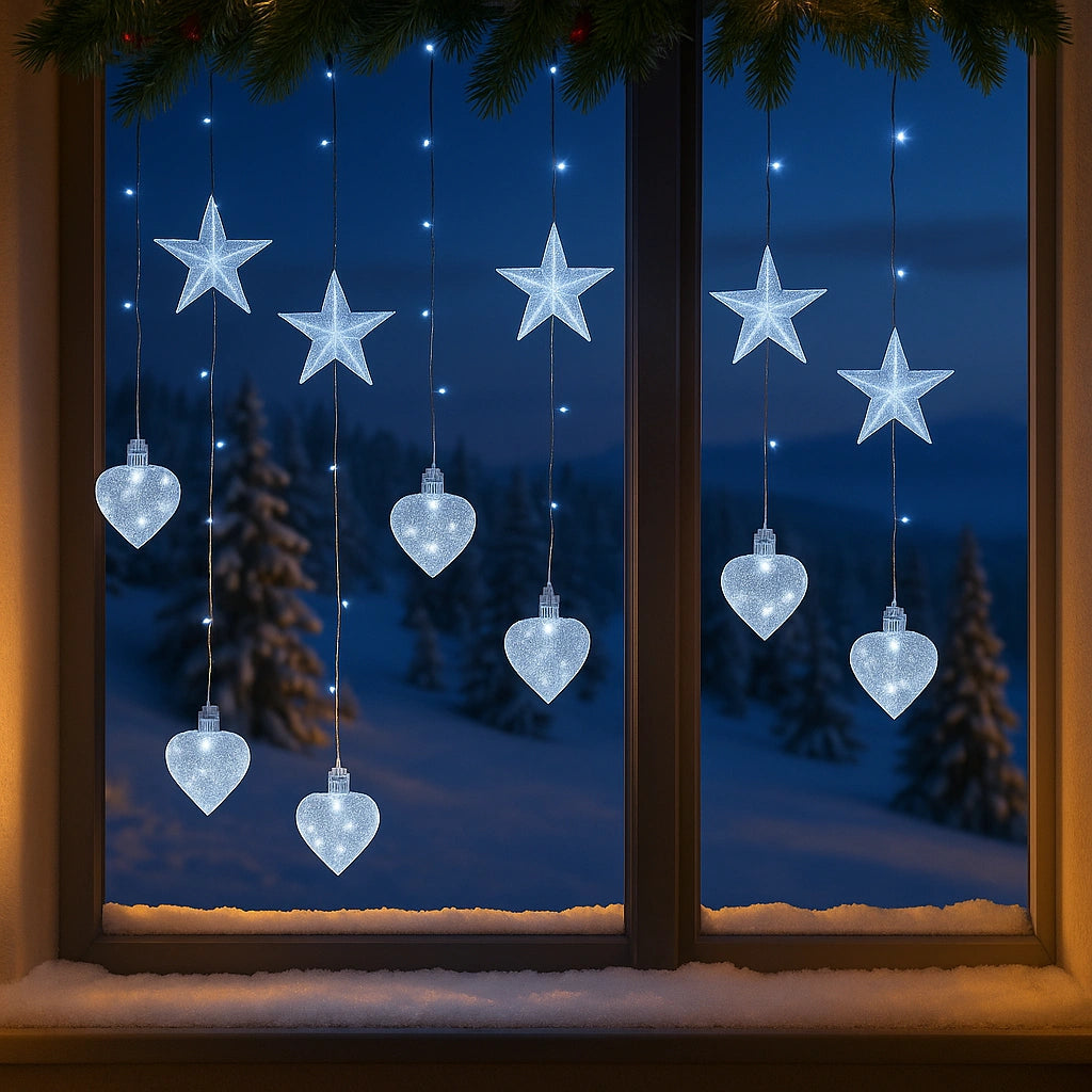 Instalație Luminoasă LED de Crăciun 3×1.5 m, cu Stele și Inimi, Alb-Rece, Decor Elegant pentru Interior și Exterior