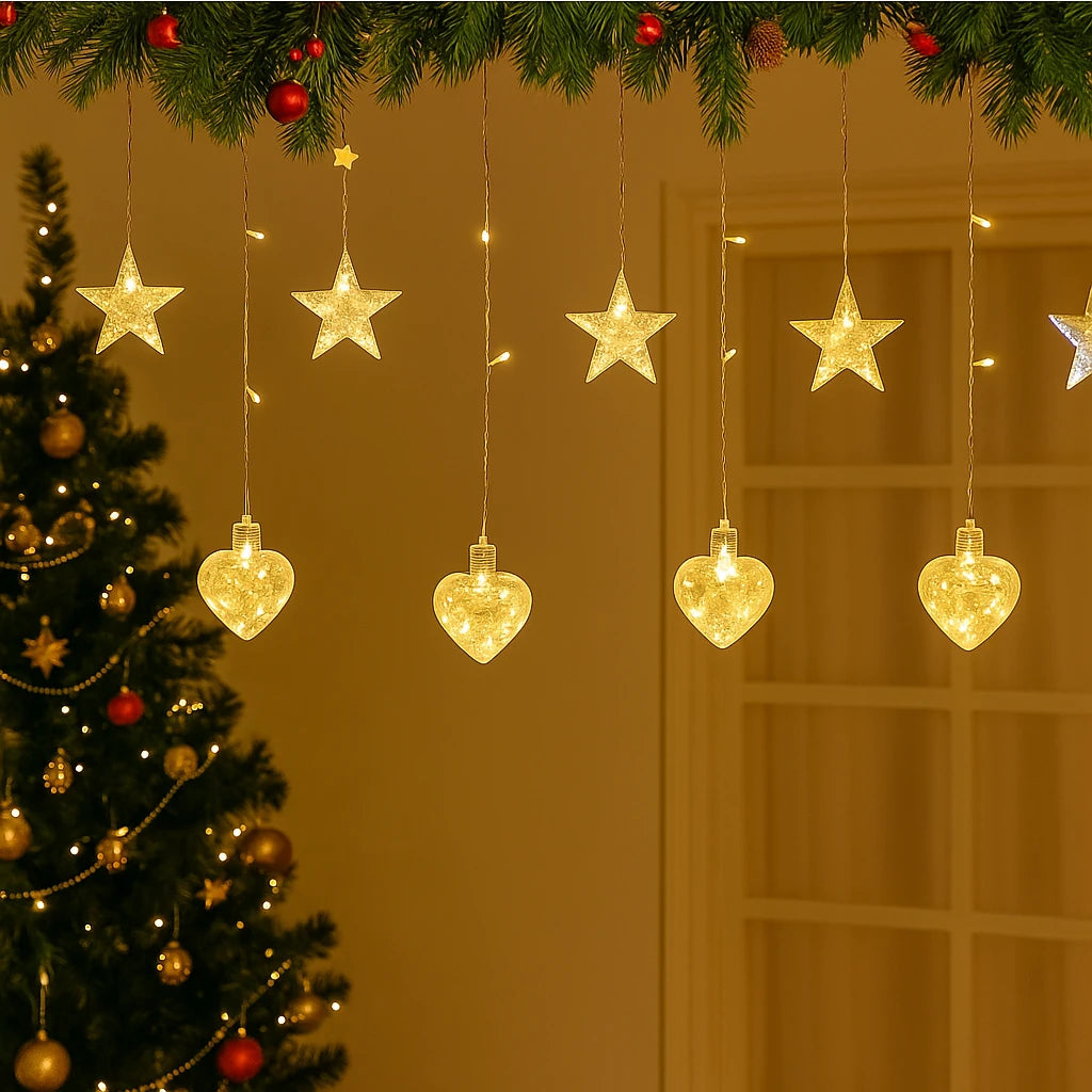 Instalație Luminoasă LED de Crăciun 3x1.5 m, cu Stele și Inimi Lumină Alb Caldă, Decor Elegant pentru Interior și Exterior
