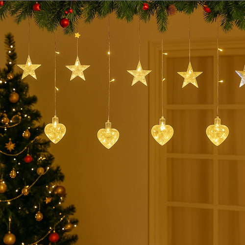 Instalație Luminoasă LED de Crăciun 3x1.5 m, cu Stele și Inimi Lumină Alb Caldă, Decor Elegant pentru Interior și Exterior